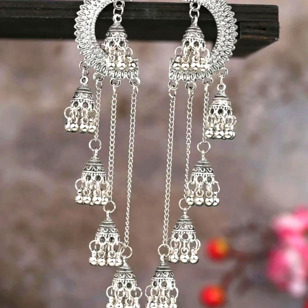 Antique silver dangling chain tassels jhumkas/pakistani Indian jewellery…